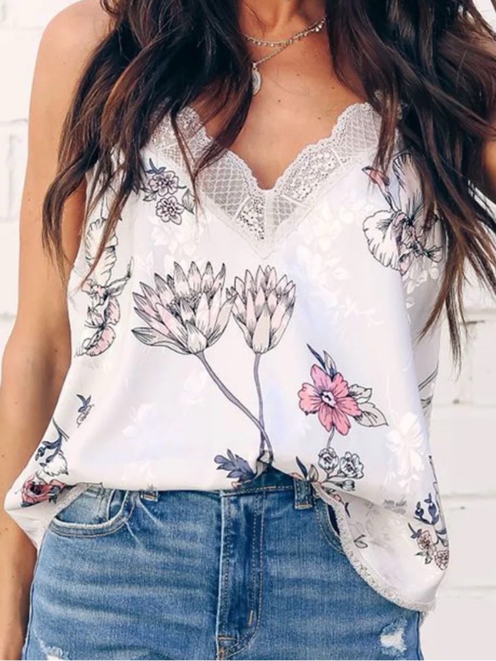 lovestitch Taupe Floral Lace-Trim Camisole with Pink Accents